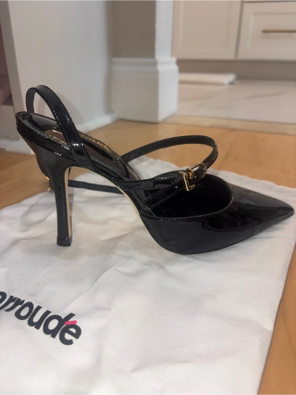 Larroude Black Patent Pointed Ankle-Strap Heels
